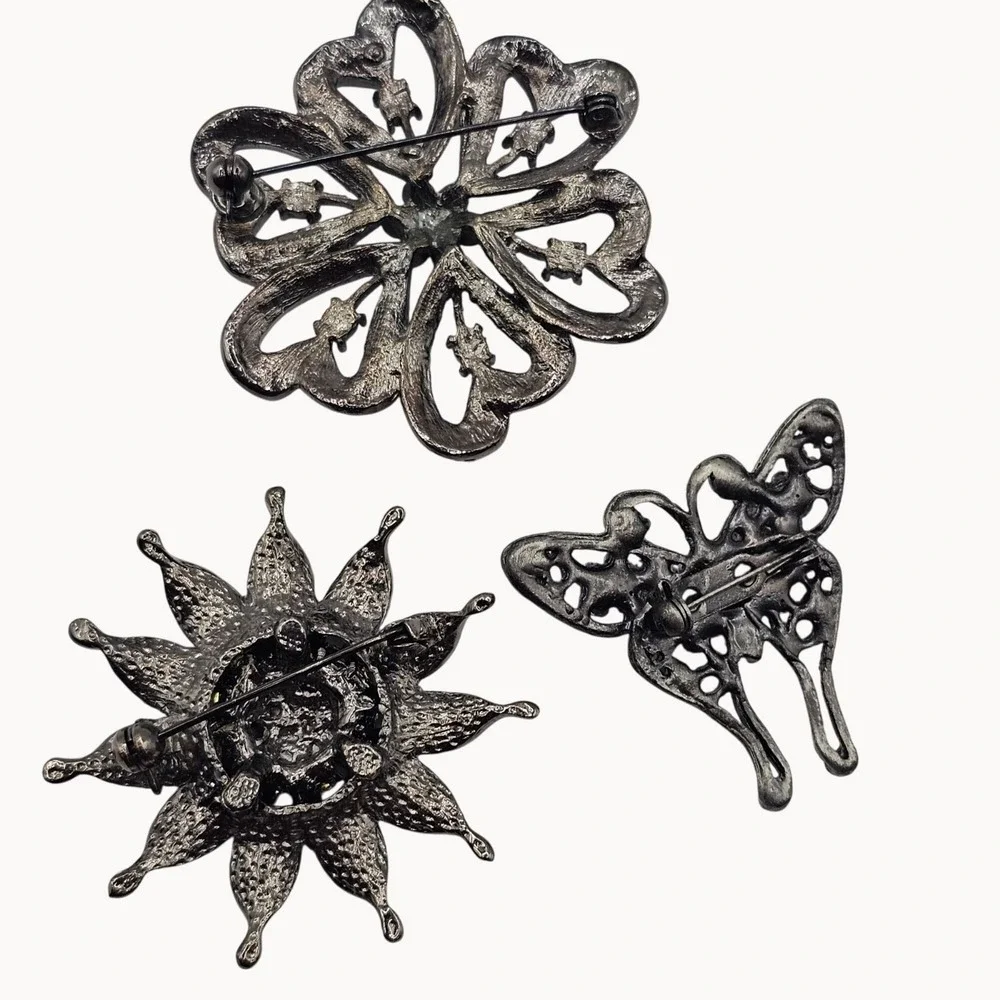 Rhinestone Floral Butterfly Brooch Pin Set 3pc Purple Pink Gunmetal‎ Whimsigoth